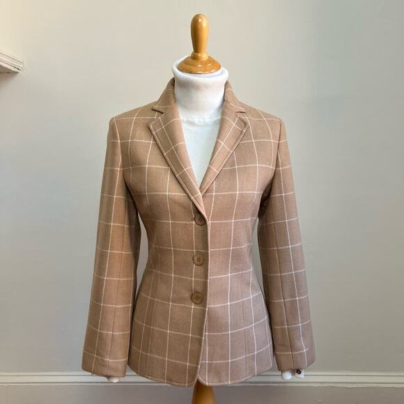 Vintage Talbots Wool Cashmere Tan Brown Plaid Windowpane Blazer Jacket Women 10P - Picture 2 of 11